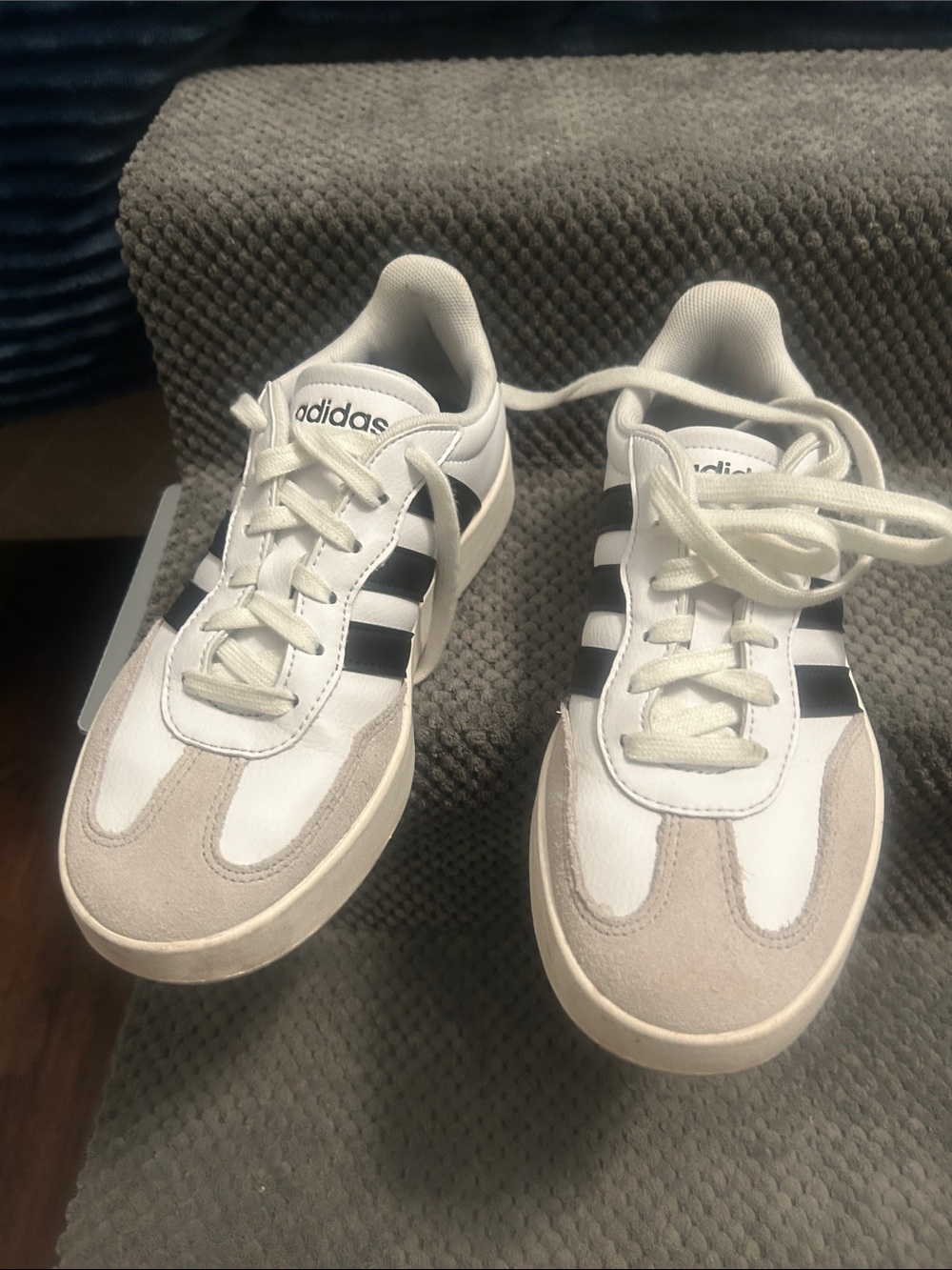 adidas Kids White Sneakers with Black Stripes and Beige Suede Accents